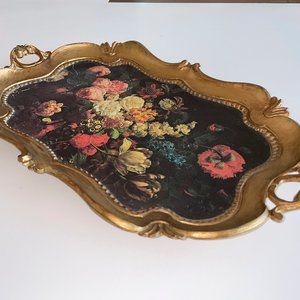 Decorative Tray Gold Black Floral 9" X 14"